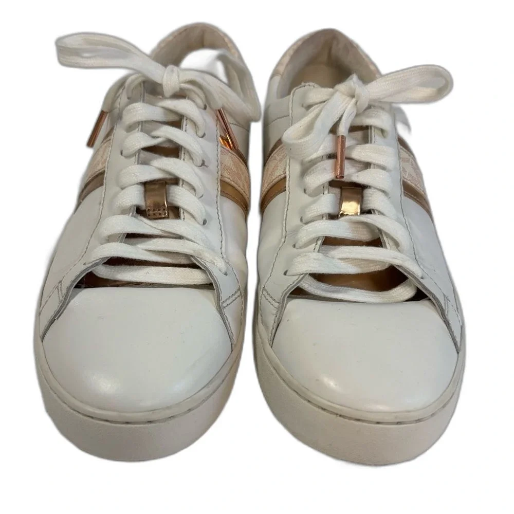 Michael Kors Irving Stripe Sneakers Womens 9M White Rose Gold Leather Logo
